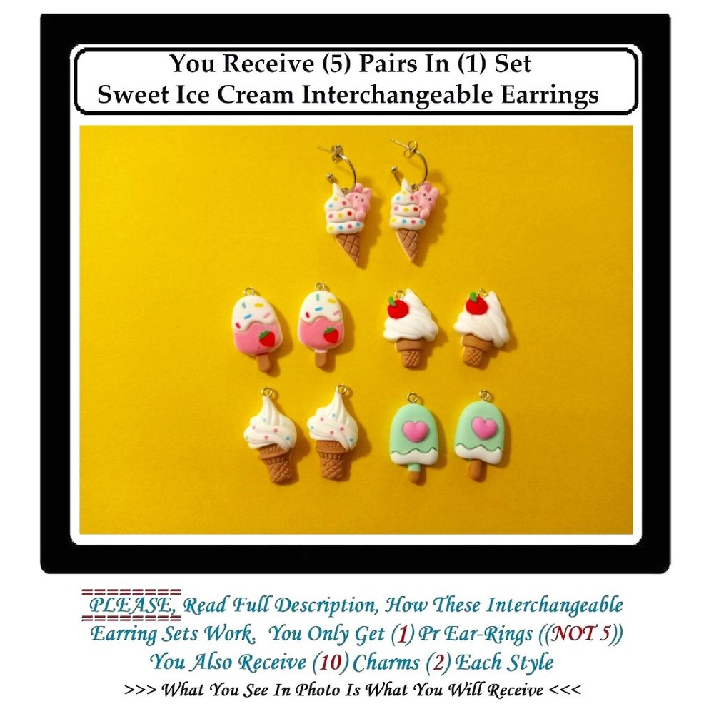 5/$20 Sweet Ice Cream Cone Interchangeable Food Charm Earrings-5 Pairs in Set